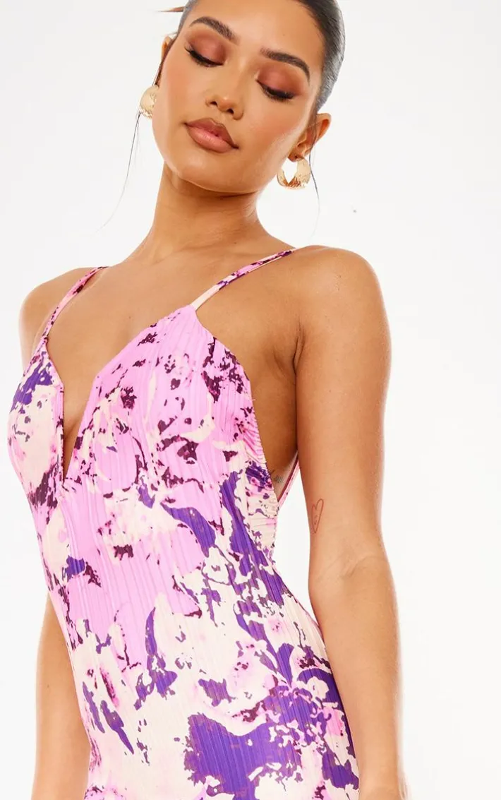 Purple Abstract Plisse Wired Plunge Ruched Bum Maxi Dress