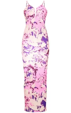 Purple Abstract Plisse Wired Plunge Ruched Bum Maxi Dress