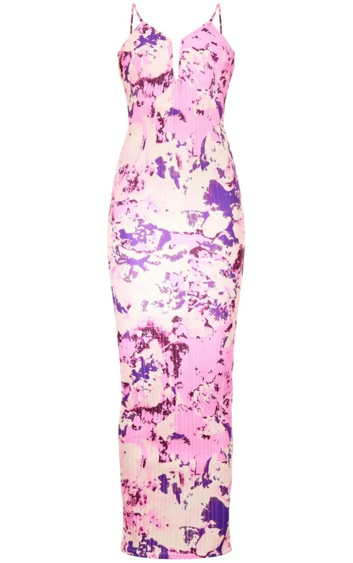 Purple Abstract Plisse Wired Plunge Ruched Bum Maxi Dress