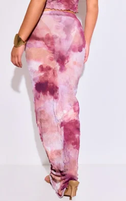 Purple Abstract Print Crushed Mesh Mid Rise Maxi Skirt