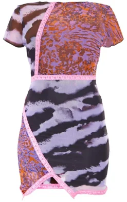 Purple Abstract Print Lace Detail Cap Sleeve Bodycon Dress