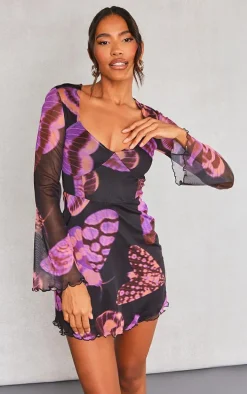 Purple Abstract Print Mesh Underbust Detail Shift Dress