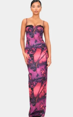 Purple Abstract Satin Print Lace Trim Maxi Dress
