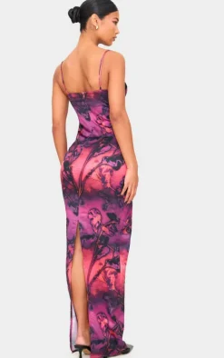 Purple Abstract Satin Print Lace Trim Maxi Dress