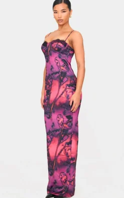 Purple Abstract Satin Print Lace Trim Maxi Dress