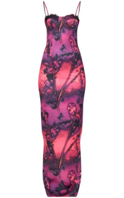 Purple Abstract Satin Print Lace Trim Maxi Dress