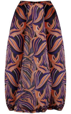 Purple Abstract Swirl Print Ring Split Maxi Skirt