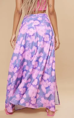 Purple Blurred Floral Print Woven Floaty Maxi Skirt