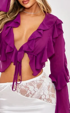 Purple Extreme Frill Tie Front Flare Sleeve Blouse