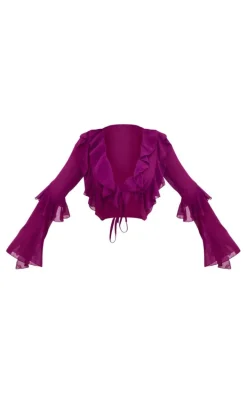 Purple Extreme Frill Tie Front Flare Sleeve Blouse