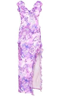 Purple Floral Asymmetric Frill Split Maxi Dress
