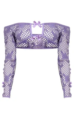 Purple Floral Fishnet Bow Detail Long Sleeve Bardot Crop Top