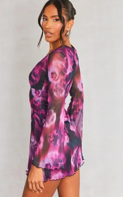 Purple Floral Print Mesh Underbust Detail Shift Dress