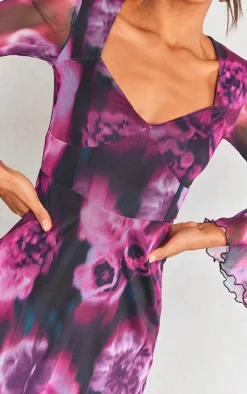 Purple Floral Print Mesh Underbust Detail Shift Dress