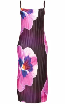 Purple Floral Print Plisse Cowl Neck Maxi Dress