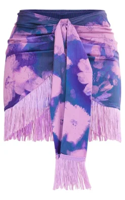 Purple Floral Print Tassel Hem Mini Skirt