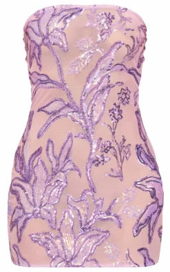 Purple Floral Sequin Bandeau Bodycon Dress