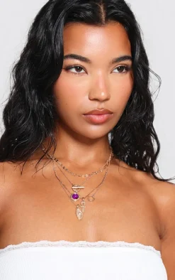 Purple Jewel Charm Detail Layered Necklace