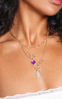 Purple Jewel Charm Detail Layered Necklace