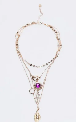 Purple Jewel Charm Detail Layered Necklace