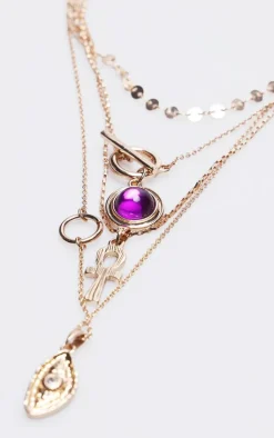 Purple Jewel Charm Detail Layered Necklace