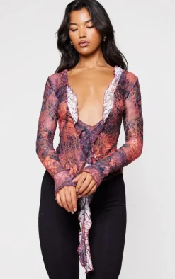 Purple Lace Print Ruffle Drape Long Sleeve Top