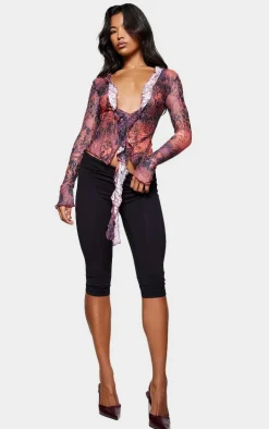 Purple Lace Print Ruffle Drape Long Sleeve Top