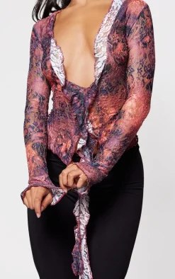 Purple Lace Print Ruffle Drape Long Sleeve Top