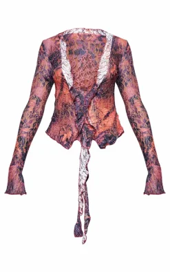 Purple Lace Print Ruffle Drape Long Sleeve Top