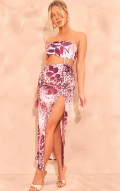 Purple Leopard Slinky Cut Out Spilt Midaxi Dress
