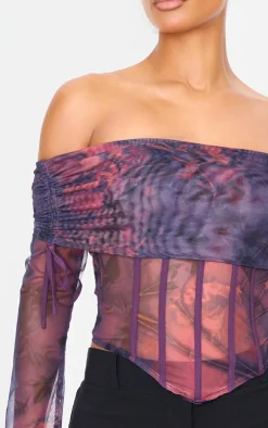 Purple Mesh Bardot Boning Corset