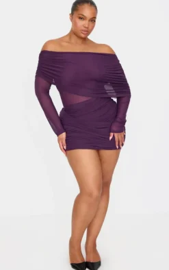 Purple Mesh Long Sleeve One Shoulder Bodycon Dress
