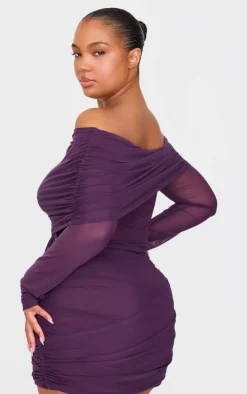 Purple Mesh Long Sleeve One Shoulder Bodycon Dress