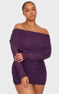 Purple Mesh Long Sleeve One Shoulder Bodycon Dress