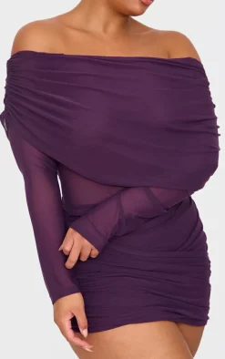 Purple Mesh Long Sleeve One Shoulder Bodycon Dress
