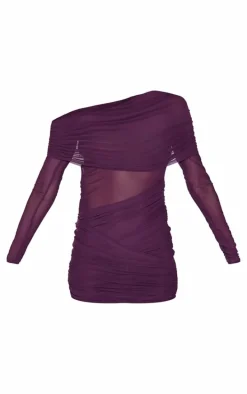 Purple Mesh Long Sleeve One Shoulder Bodycon Dress