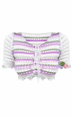 Purple Open Crochet Knit Lace Up Floral Applique Top