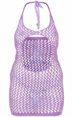 Purple Open Knit Halter Mini Dress