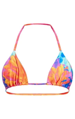 Purple Oversized Floral Print Triangle Bikini Top