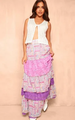 Purple Paisley Print Chiffon Tiered Maxi Skirt