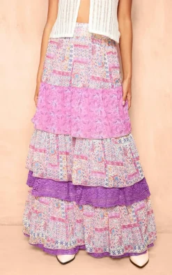 Purple Paisley Print Chiffon Tiered Maxi Skirt