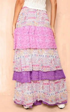Purple Paisley Print Chiffon Tiered Maxi Skirt