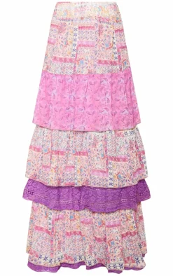 Purple Paisley Print Chiffon Tiered Maxi Skirt