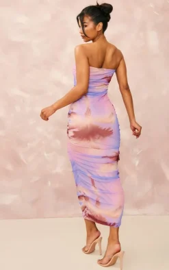 Purple Palm Print Mesh Bandeau Ruched Maxi Dress