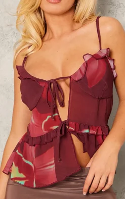 Purple Printed Chiffon Tie Front Ruffle Top