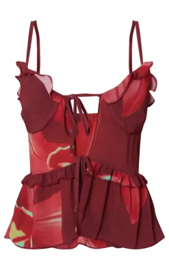 Purple Printed Chiffon Tie Front Ruffle Top