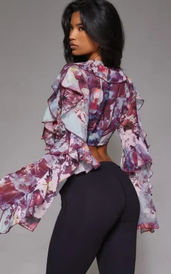 Purple Printed Sheer Woven Ruffle Tie Crop Blouse