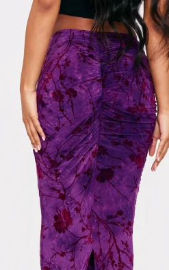 Purple Printed Soft Touch Devore Ruched Side Maxi Skirt