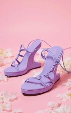 Purple PU Curved Knot Lace Up Reverse Wedge Heeled Sandals