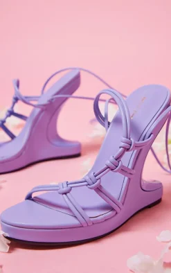 Purple PU Curved Knot Lace Up Reverse Wedge Heeled Sandals